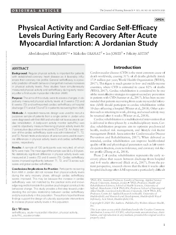 Physical activity and cardiac self-efficacy levels during early recovery after acute myocardial infarction : a Jordanian study Thumbnail