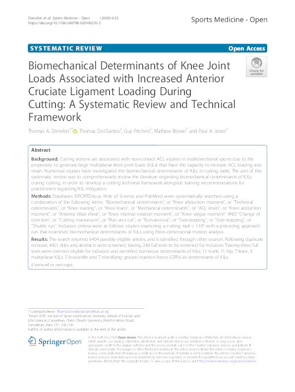 Biomechanical determinants of knee joint loads associated with increased anterior cruciate ligament loading during cutting : a systematic review and technical framework Thumbnail