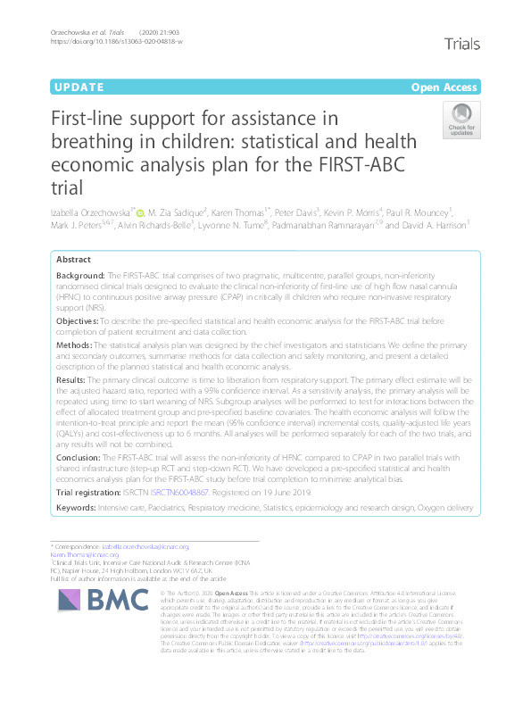 First-line support for assistance in breathing in children : statistical and health economic analysis plan for the FIRST-ABC trial Thumbnail