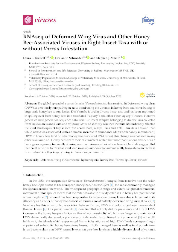 RNAseq of Deformed wing virus and other honey bee-associated viruses in eight insect taxa with or without Varroa infestation Thumbnail