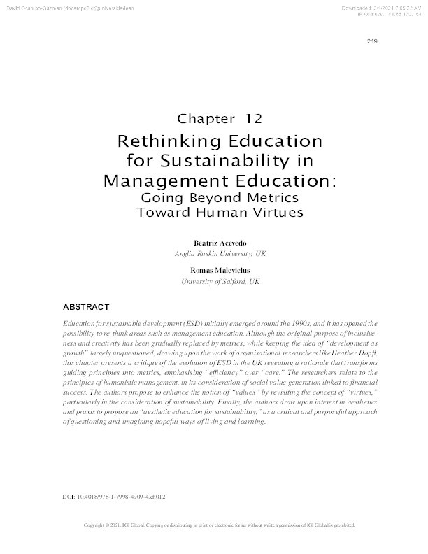 Rethinking education for sustainability in management education : going beyond metrics toward human virtues Thumbnail