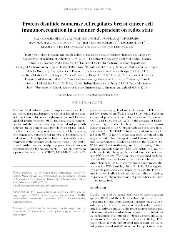 Protein disulfide isomerase A1 regulates breast cancer cell immunorecognition in a manner dependent on redox state Thumbnail