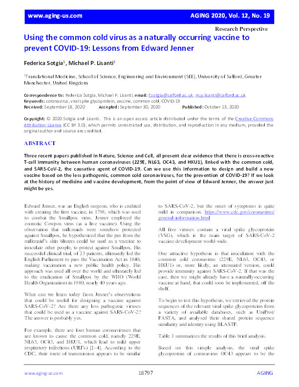 Using the common cold virus as a naturally occurring vaccine to prevent COVID-19 : lessons from Edward Jenner Thumbnail