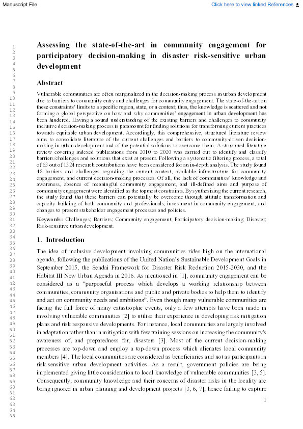 Assessing the state of the art in community engagement for participatory decision-making in disaster risk-sensitive urban development Thumbnail