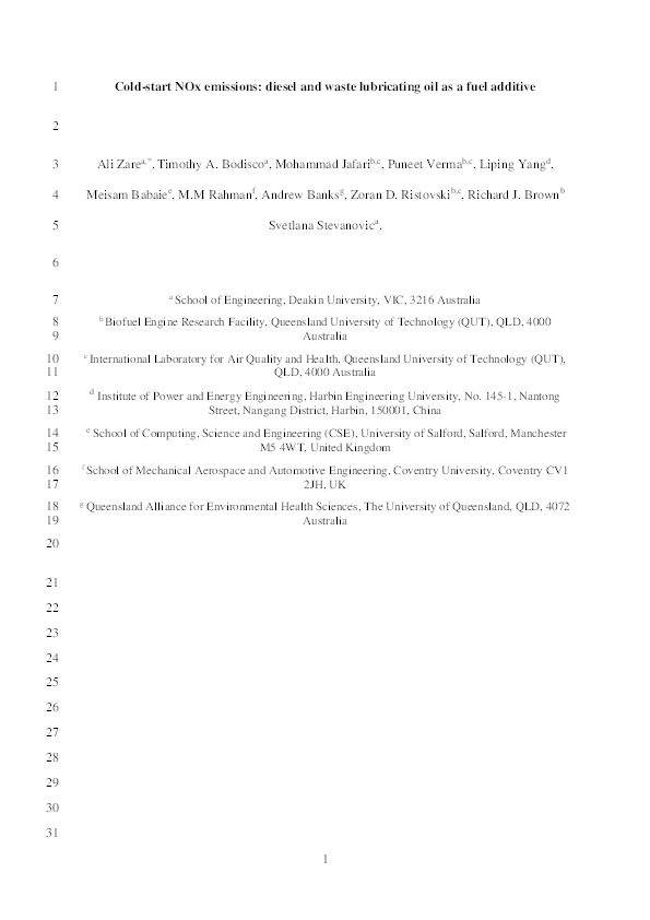 Cold-start NOx emissions : diesel and waste lubricating oil as a fuel additive Thumbnail