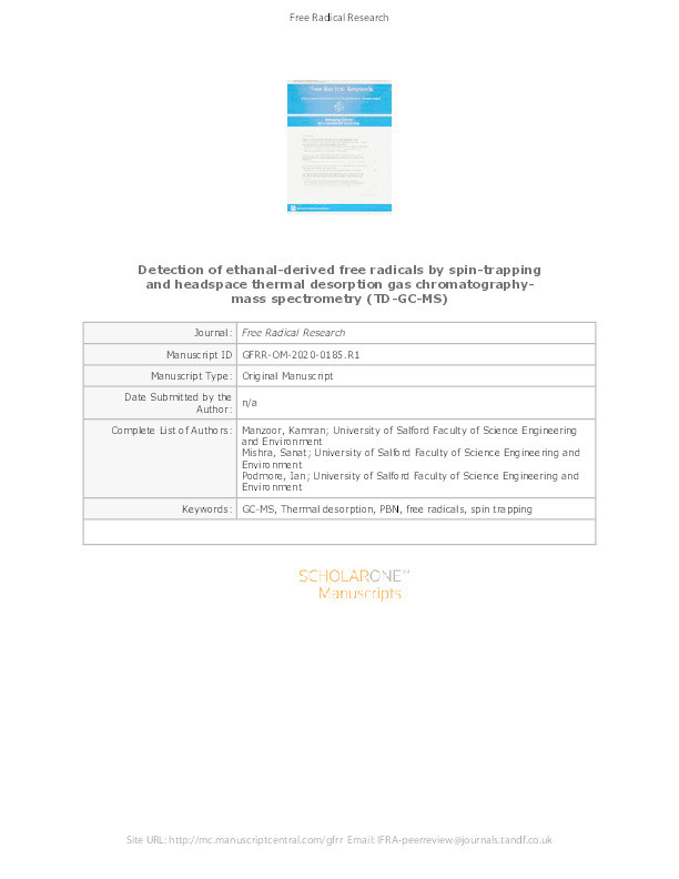 Detection and identification of ethanal-derived spin-trapped free radicals using headspace thermal desorption gas chromatography-mass spectrometry (TD-GC-MS) Thumbnail