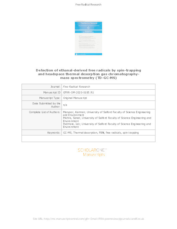 Detection and identification of ethanal-derived spin-trapped free radicals using headspace thermal desorption gas chromatography-mass spectrometry (TD-GC-MS) Thumbnail