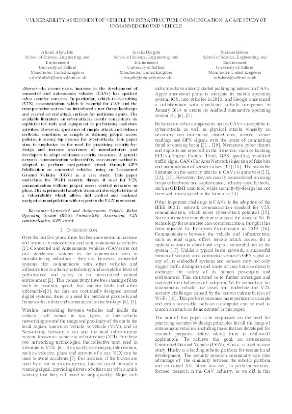 Vulnerability assessment of vehicle to infrastructure communication : a case study of Unmanned Ground Vehicle Thumbnail
