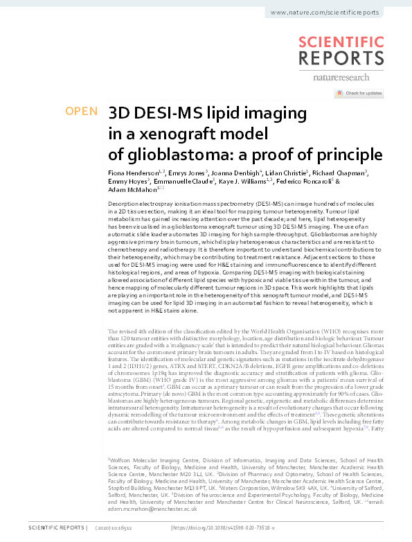 3D DESI-MS lipid imaging in a xenograft model of glioblastoma : a proof of principle Thumbnail