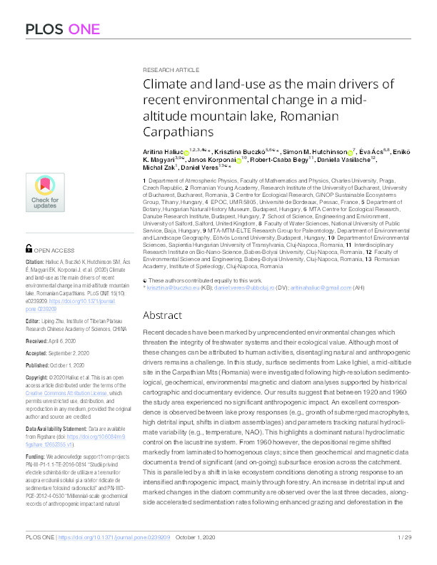 Climate and land-use as the main drivers of recent environmental change in a mid-altitude mountain lake, Romanian Carpathians Thumbnail