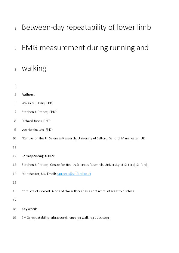 Between-day repeatability of lower limb EMG measurement during running and walking Thumbnail