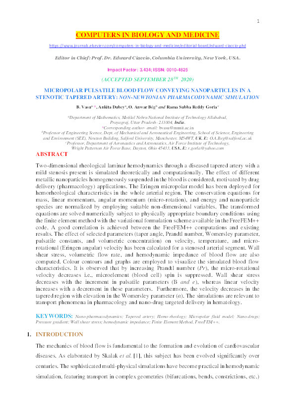 Micropolar pulsatile blood flow conveying nanoparticles in a stenotic tapered artery : non-Newtonian pharmacodynamic simulation Thumbnail