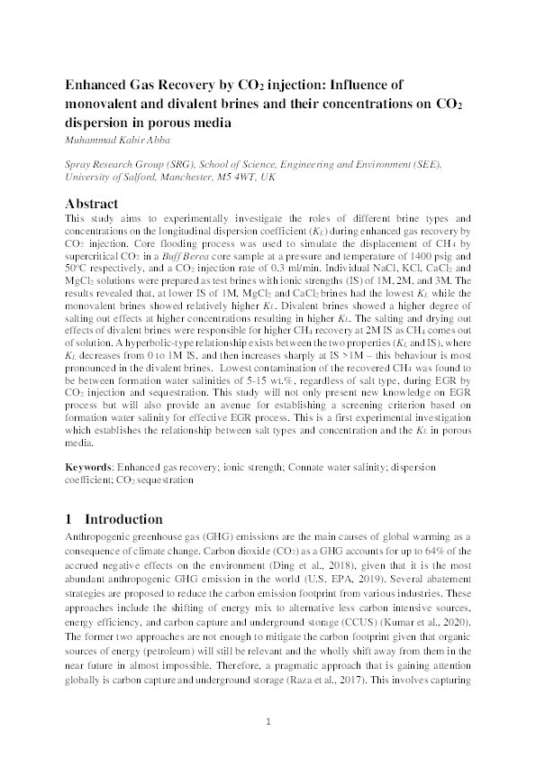 Enhanced gas recovery by CO2 injection : influence of monovalent and divalent brines and their concentrations on CO2 dispersion in porous media Thumbnail