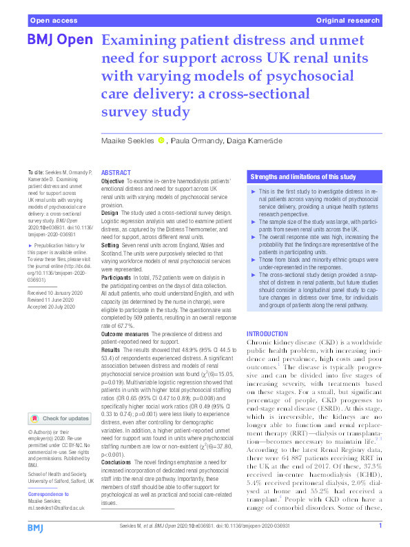 Examining patient distress and unmet need for support across UK renal units with varying models of psychosocial care delivery : a cross-sectional survey study Thumbnail