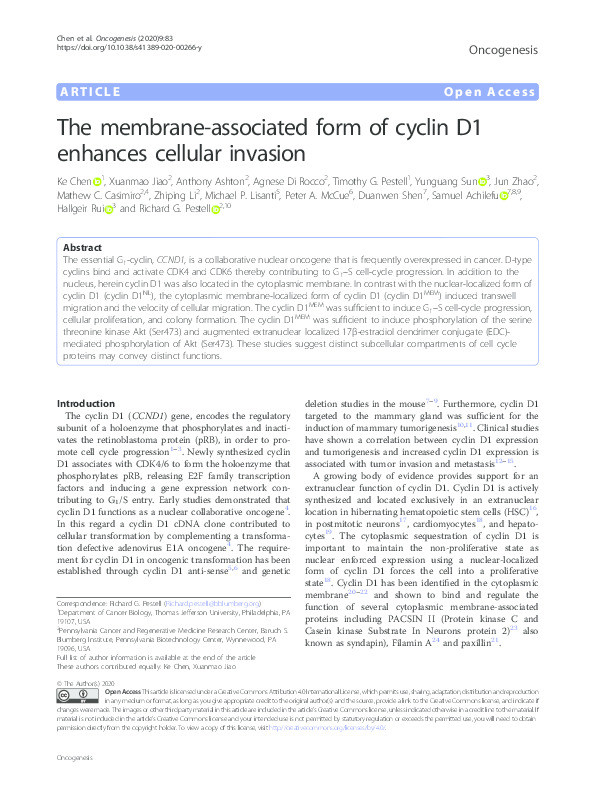 The membrane-associated form of cyclin D1 enhances cellular invasion Thumbnail