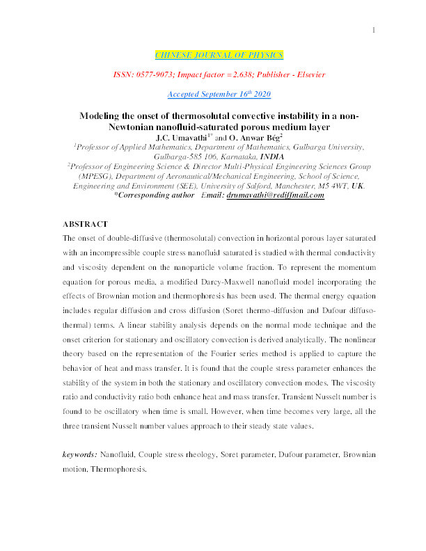 Modeling the onset of thermosolutal convective instability in a non-Newtonian nanofluid-saturated porous medium layer Thumbnail