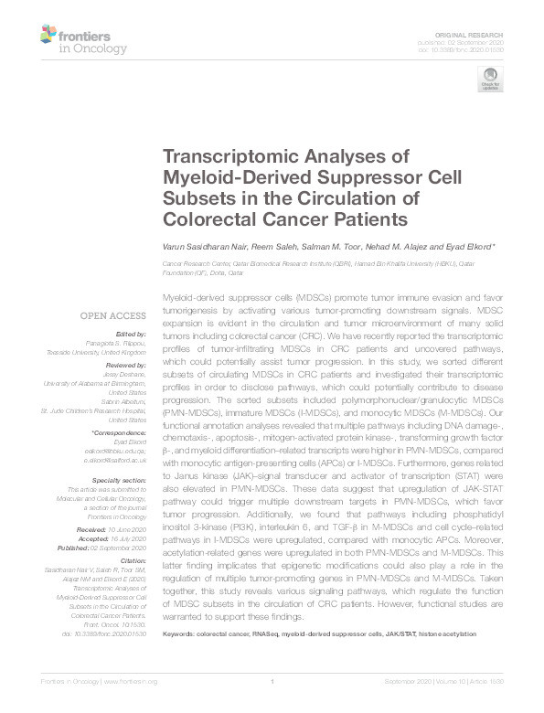 Transcriptomic analyses of myeloid-derived suppressor cell subsets in the circulation of colorectal cancer patients Thumbnail