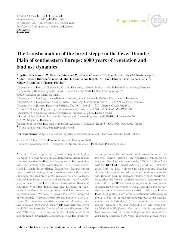The transformation of the forest steppe in the lower Danube Plain of south-eastern Europe : 6000 years of vegetation and land use dynamics Thumbnail