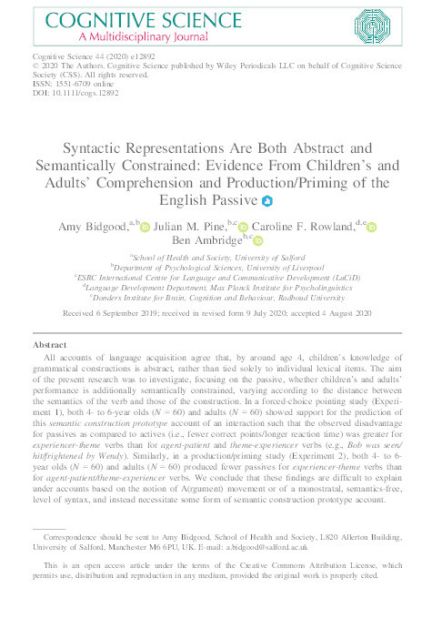 Syntactic representations are both abstract and semantically constrained : evidence from children’s and adults’ comprehension and production/priming of the English passive Thumbnail