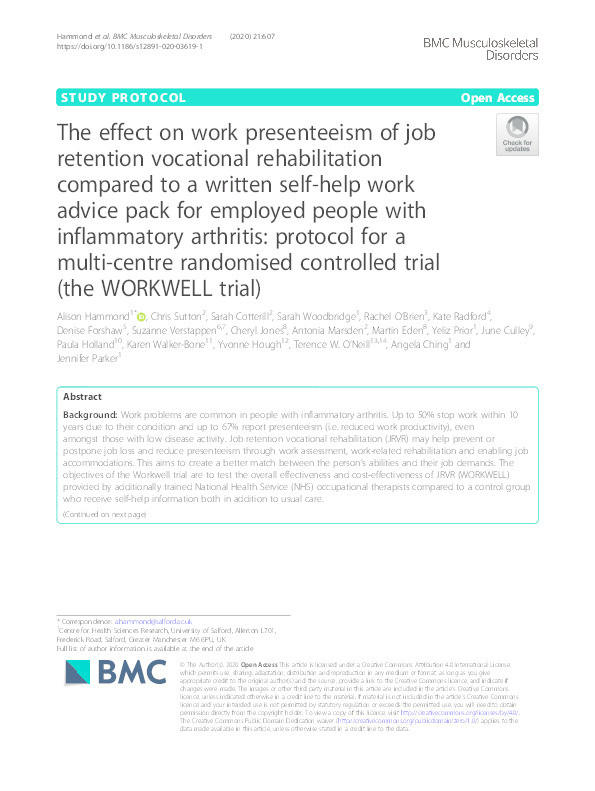 The effect on work presenteeism of job retention vocational rehabilitation compared to a written self-help work advice pack for employed people with inflammatory arthritis: protocol for a multi-centre randomised controlled trial (the WORKWELL trial) Thumbnail