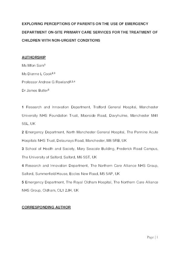 Exploring perceptions of parents on the use of emergency department on-site primary care services for the treatment of children with non-urgent conditions Thumbnail