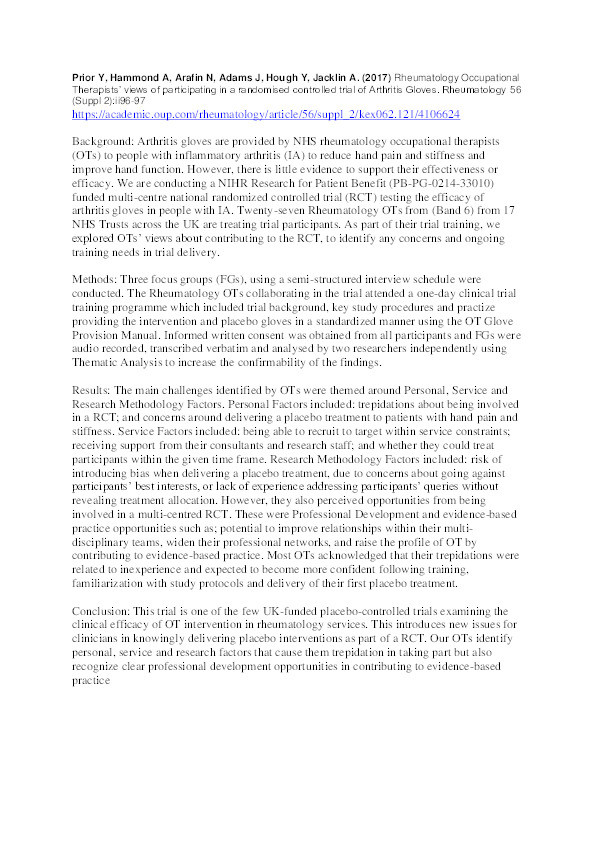 Rheumatology occupational therapists’ views of participating in a randomised controlled trial of arthritis gloves Thumbnail
