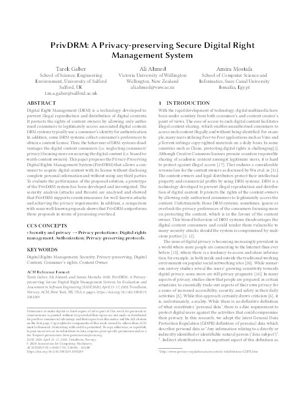 PrivDRM : a privacy-preserving secure Digital Right Management system Thumbnail