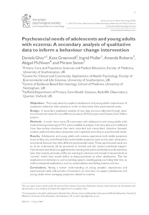 Psychosocial needs of adolescents and young adults with eczema : a secondary analysis of qualitative data to inform a behaviour change intervention Thumbnail