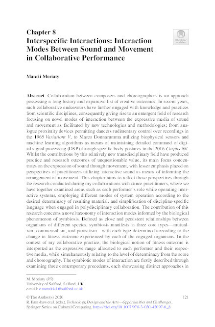 Interspecific interactions : interaction modes between sound and movement in collaborative performance Thumbnail