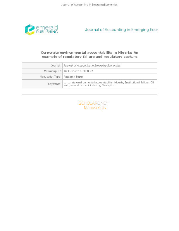 Corporate environmental accountability in Nigeria : an example of regulatory failure and regulatory capture Thumbnail