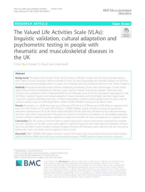 The Valued Life Activities Scale (VLAs) : linguistic validation, cultural adaptation and psychometric testing in people with rheumatic and musculoskeletal diseases in the UK Thumbnail
