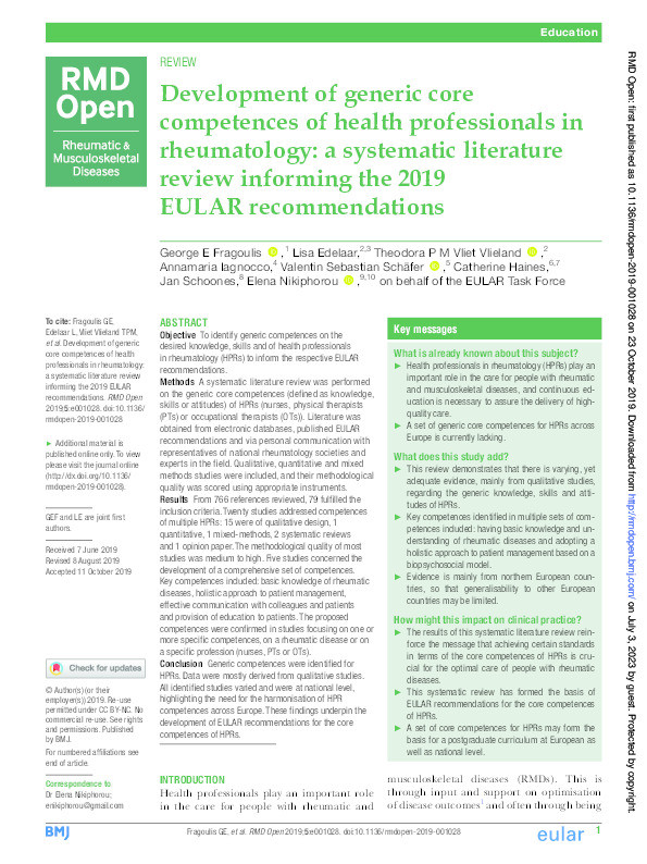 Development of generic core competences of health professionals in rheumatology: a systematic literature review informing the 2018 EULAR recommendations Thumbnail