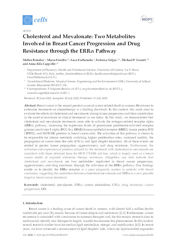 Cholesterol and mevalonate : two metabolites involved in breast cancer progression and drug resistance through the ERRα pathway Thumbnail