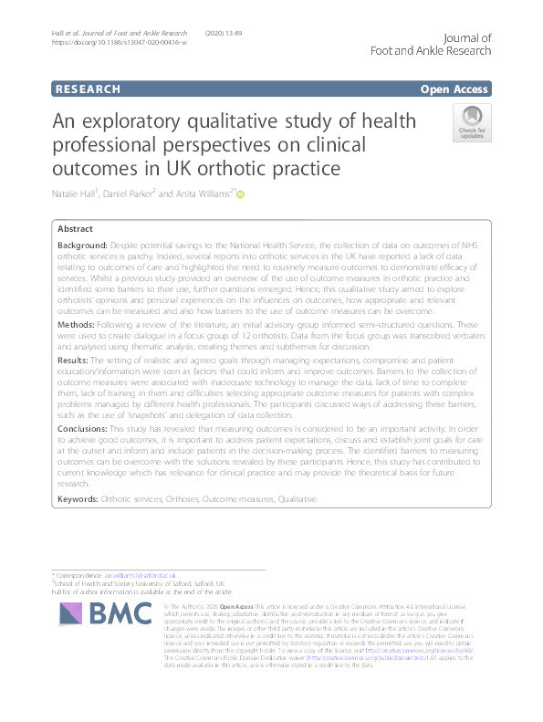 An exploratory qualitative study of health professional perspectives on clinical outcomes in UK orthotic practice Thumbnail