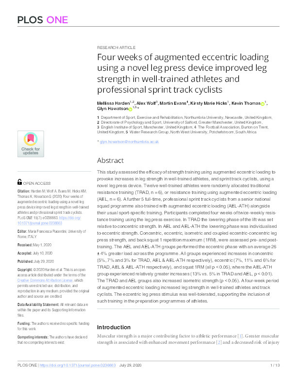 Four weeks of augmented eccentric loading using a novel leg press device improved leg strength in well-trained athletes and professional sprint track cyclists Thumbnail