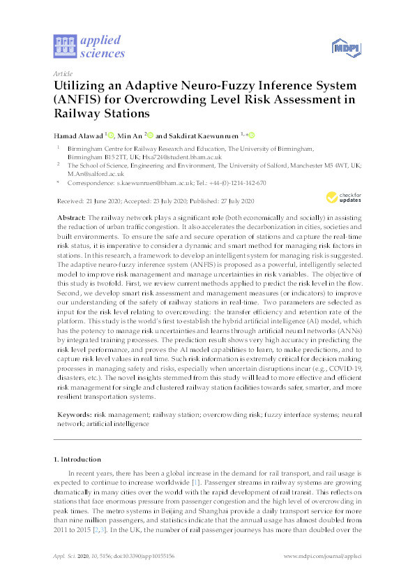 Utilizing an Adaptive Neuro-Fuzzy Inference System (ANFIS) for overcrowding level risk assessment in railway stations Thumbnail