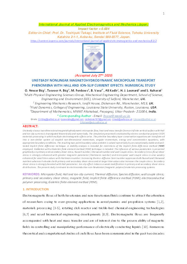 Unsteady nonlinear magnetohydrodynamic micropolar transport phenomena with hall and ion-slip current effects : numerical study Thumbnail