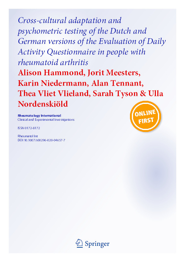 Cross-cultural adaptation and psychometric testing of the Dutch and German versions of the Evaluation of Daily Activity Questionnaire in people with rheumatoid arthritis Thumbnail