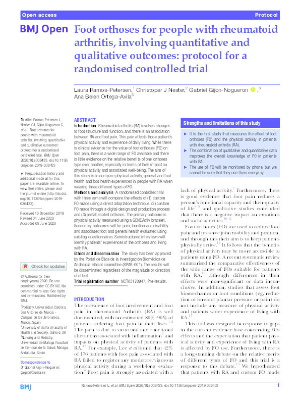 Foot orthoses for people with rheumatoid arthritis, involving quantitative and qualitative outcomes : protocol for a randomised controlled trial Thumbnail