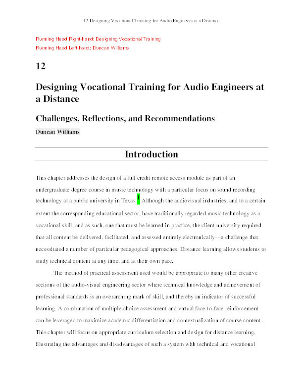 Designing vocational training for audio engineers at a distance : challenges, reflections, and recommendations Thumbnail