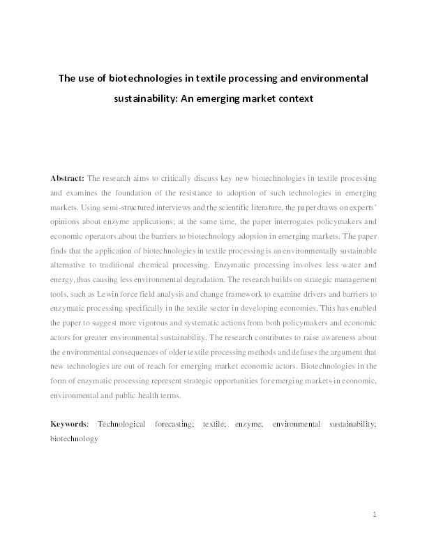 The use of biotechnologies in textile processing and environmental sustainability : an emerging market context Thumbnail
