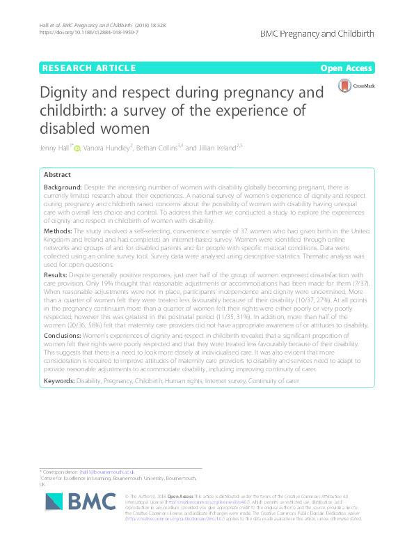 Dignity and respect during pregnancy and childbirth : a survey of the experience of disabled women Thumbnail