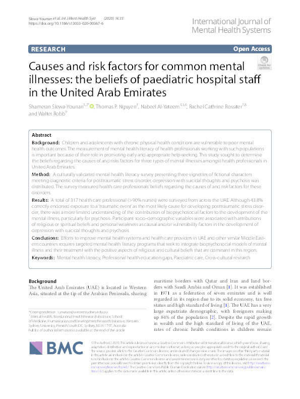 Causes and risk factors for common mental illnesses : the beliefs of paediatric hospital staff in the United Arab Emirates Thumbnail
