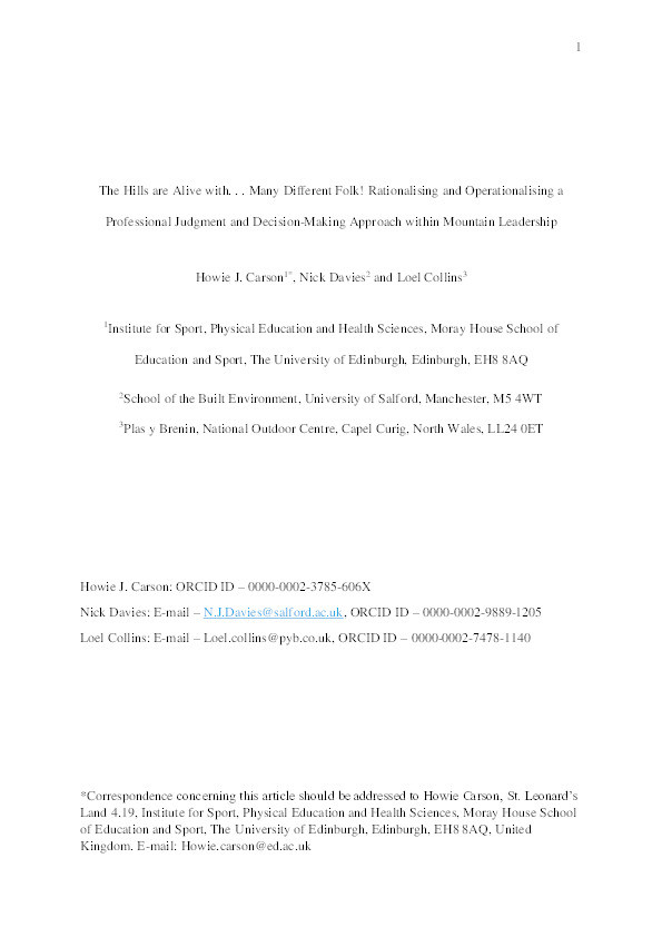 The hills are alive with … Many different folk! Rationalising and operationalising a professional judgment and decision making approach within mountain leadership Thumbnail