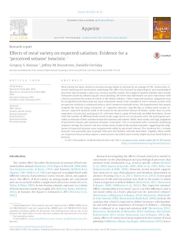 Effects of meal variety on expected satiation : evidence for a 'perceived volume' heuristic Thumbnail