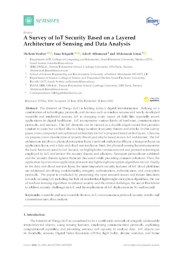 A survey of IoT security based on a layered architecture of sensing and data analysis Thumbnail