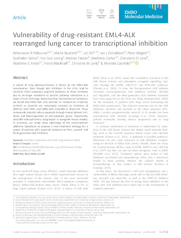 Vulnerability of drug‐resistant EML4‐ALK rearranged lung cancer to transcriptional inhibition Thumbnail