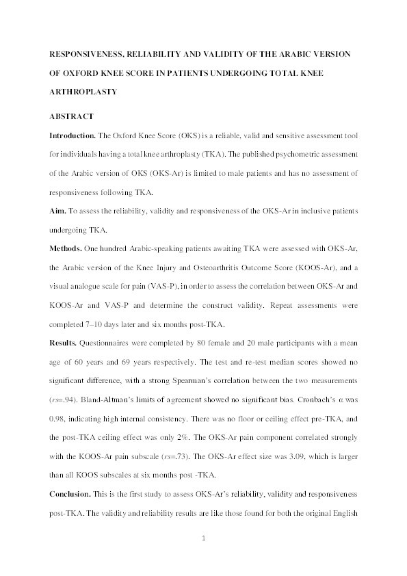 Responsiveness, reliability, and validity of Arabic version of Oxford Knee Score for total knee arthroplasty Thumbnail