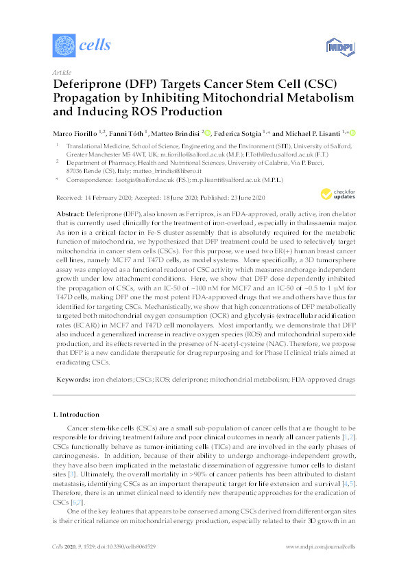 Deferiprone (DFP) targets cancer stem cell (CSC) propagation by inhibiting mitochondrial metabolism and inducing ROS production Thumbnail