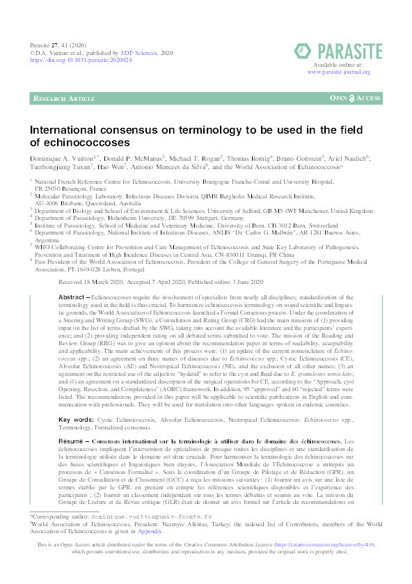 International consensus on terminology to be used in the field of echinococcoses Thumbnail